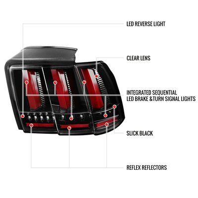 1999-2004 Ford Mustang Sequential LED Tail Lights Jet Black/Clear Lens