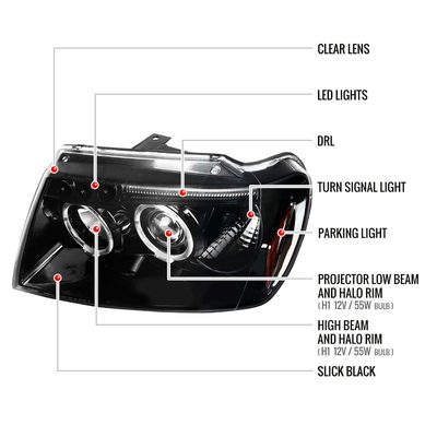 1999-2004 Jeep Grand Cherokee Dual Halo Projector Headlights Jet Black/Clear
