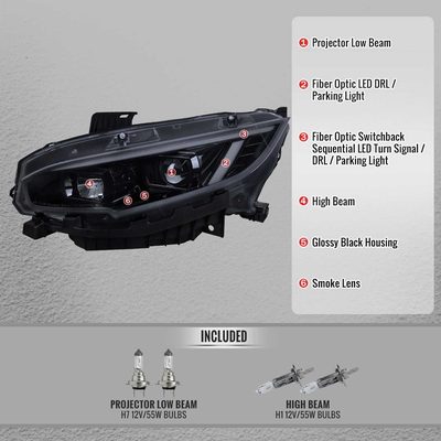 For Honda Civic 2016-2021 Projector Headlights Sequential DRL Glossy Black Housing Smoked Lens