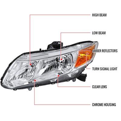 2012-2013 Honda Civic Coupe/ 2012-2015 Civic Sedan Crystal Headlights Chrome