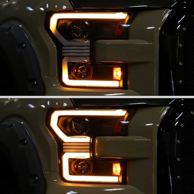 For Ford F-150 2015-2017 LED Bar Headlights Turn Signals Amber LED Pulsing Glow Black Housing Clear Lens