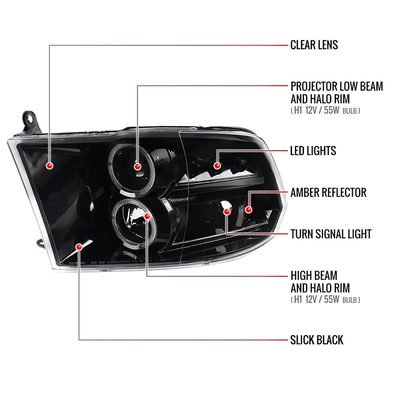 2009-2018 Dodge RAM 1500 / RAM 2500 3500 Dual Halo Headlights Jet Black