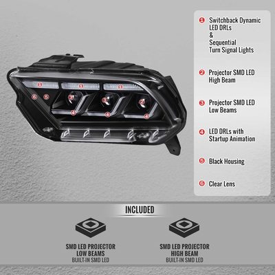 For Ford Mustang 2010-2014 Full LED Projector Headlights Sequential DRL Matte Black Clear Lens