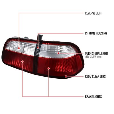 1999-2000 Honda Civic Sedan Tail Lights Chrome Housing/Red Clear Lens
