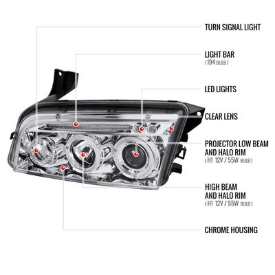 2005-2010 Dodge Charger Dual Halo Projector Headlights Chrome/Clear Lens