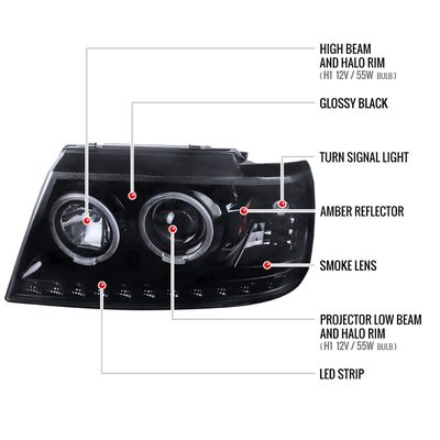 2002-2005 Ford Explorer Dual Halo Projector Headlights Glossy Black/Smoke Lens