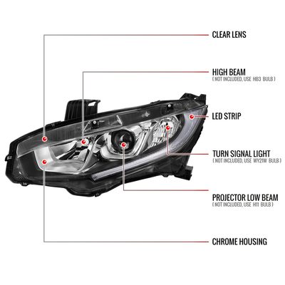 2016-2021 Honda Civic LED Strip Factory Projector Headlights Chrome/Clear