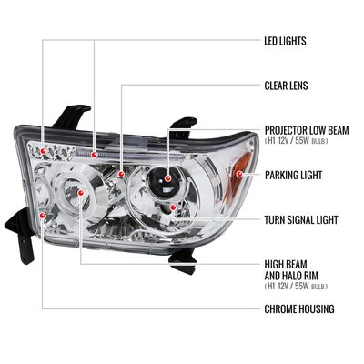 2007-2013 Toyota Tundra/ 08-2017 Sequoia Single Halo Projector Headlights Chrome