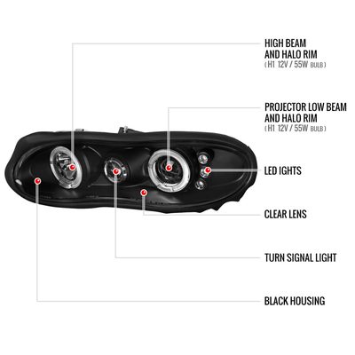 1998-2002 Chevy Camaro Dual Halo Projector Headlights Matte Black/Clear Lens