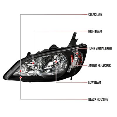 2004-2005 Honda Civic Crystal Headlights Matte Black Housing/Clear Lens