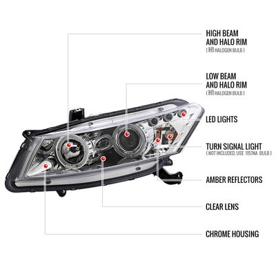 2008-2012 Honda Accord Coupe Dual Halo Projector Headlights Chrome/Clear Lens