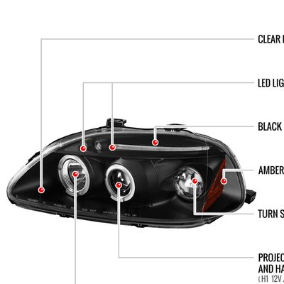 1996-1998 Honda Civic Dual Halo Projector Headlights Matte Black/Clear Lens