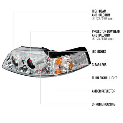 1999-2004 Ford Mustang Dual Halo Projector Headlights Chrome/Clear Lens