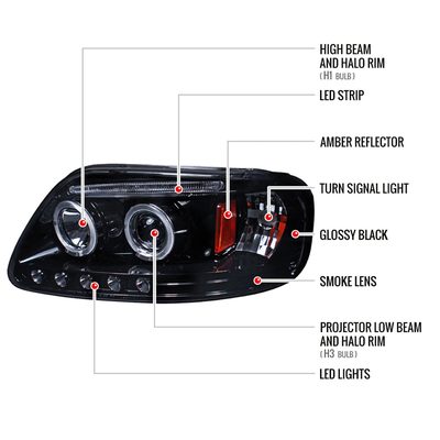 1997-2004 Ford F-150 / 1997-2002 Expedition Dual Halo Projector Headlights Smoke