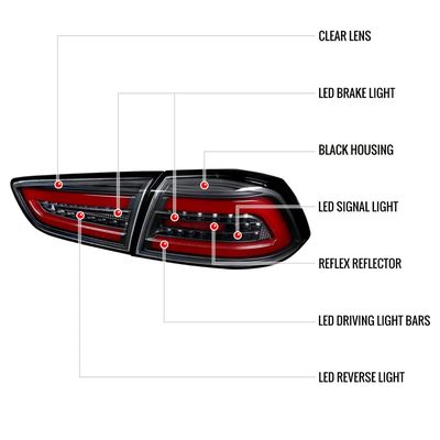 2008-2017 Mitsubishi Lancer / 08-2015 Lancer EVO X Red Bar LED Tail Lights Black