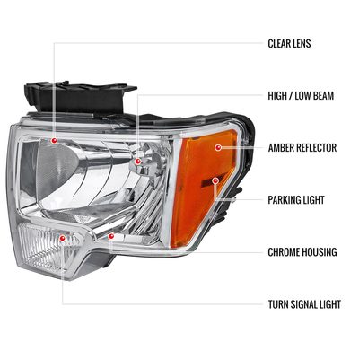 2009-2014 Ford F-150 Factory Crystal Headlights w/Amber Reflector Chrome/Clear