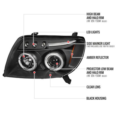 2003-2005 Toyota 4Runner Dual Halo Projector Headlights Matte Black/Clear Lens