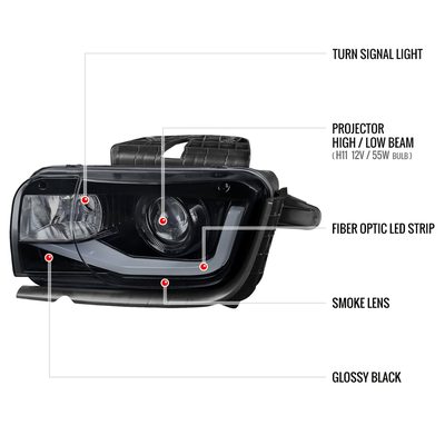 2010-2013 Chevy Camaro LED Bar Projector Headlights Glossy Black/Smoke Lens