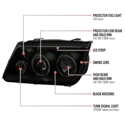 1999-2005 VW Jetta/Bora Mk4 Dual Halo Projector Headlights LED Light Smoke