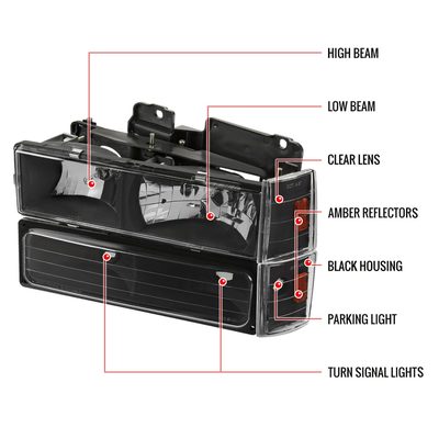1988-1993 Chevy C/K Blazer/Tahoe/Silverado/Yukon Headlights Lights Set Black