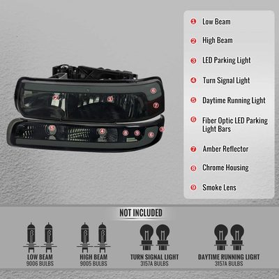 For Chevrolet Silverado Tahoe Suburban 1999-2002 LED Bar Style Headlights Bumper Light Chrome Housing Smoked Lens