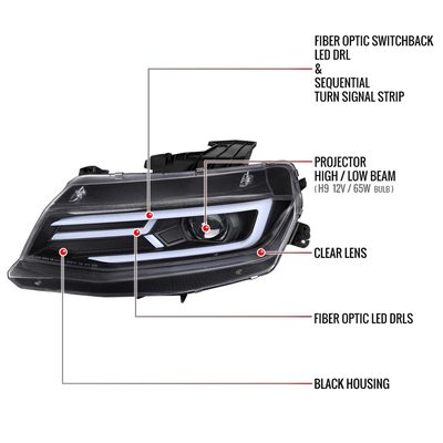 For Chevrolet Camaro 2016-2018 LED Strip Projector Headlights Turn Signal Lights Matte Black Housing Clear Lens