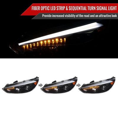 2015-2018 Ford Focus LED Signal Projector Headlights Jet Black/Clear