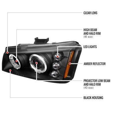 2002-2006 Chevy Avalanche/03-2007 Silverado Dual Halo Projector Headlights Black