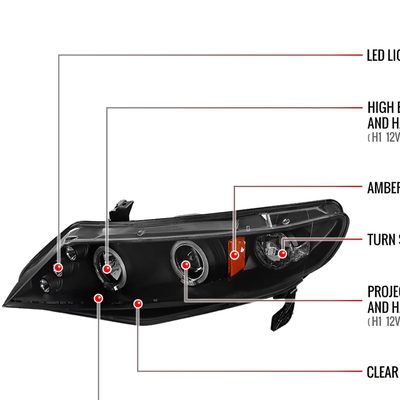 2006-2011 Honda Civic Sedan Dual Halo Projector Headlights Matte Black/Clear