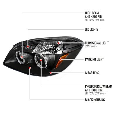 2005-2010 Chevy Cobalt Pontiac G5/Pursuit Dual Halo Projector Headlights Black