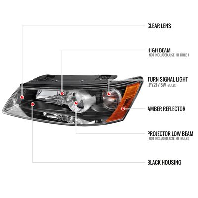 2006-2008 Hyundai Sonata Projector Style Headlights Matte Black/Clear Lens