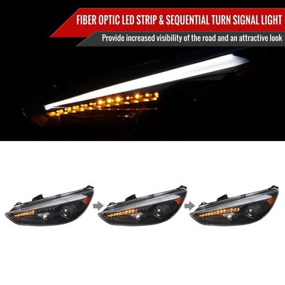 2015-2018 Ford Focus LED Sequential Signal Projector Headlights Matt Black