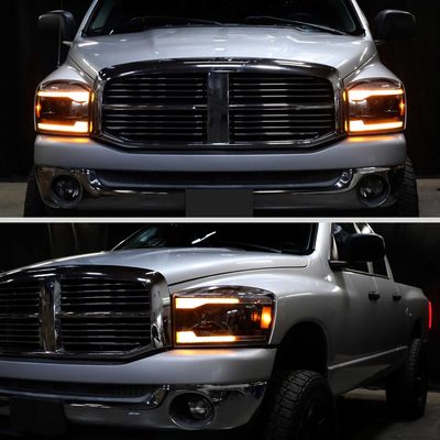 For Dodge RAM 1500 2006-08 / RAM 2500 3500 2006-09 Headlights Switchback Amber LED Strips Turn Signals DRL Black Housing Clear Lens