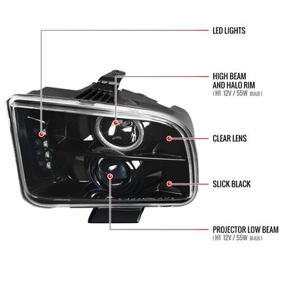 2005-2009 Ford Mustang Halo Projector Headlights Jet Black/Clear Lens