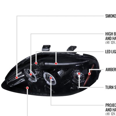 1999-2000 Honda Civic Dual Halo Projector Headlights Glossy Black/Smoke Lens