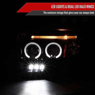 2005-2007 Dodge Dakota Dual Halo Projector Headlights Glossy Black/Smoke Lens