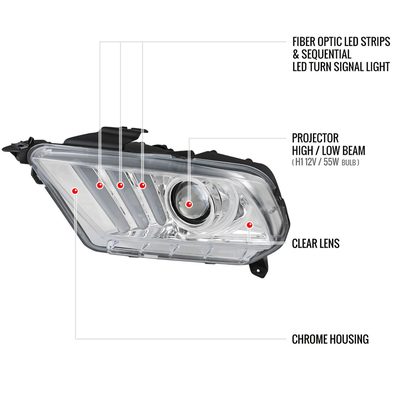 2010-2014 Ford Mustang Sequential LED Bar Projector Headlights Chrome/Clear