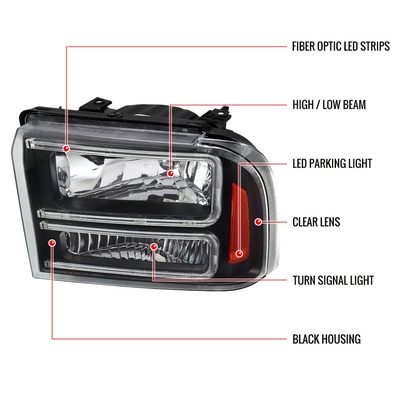 2005-2007 Ford F-250/350/450/550 Super Duty Dual LED Factory Headlights Black