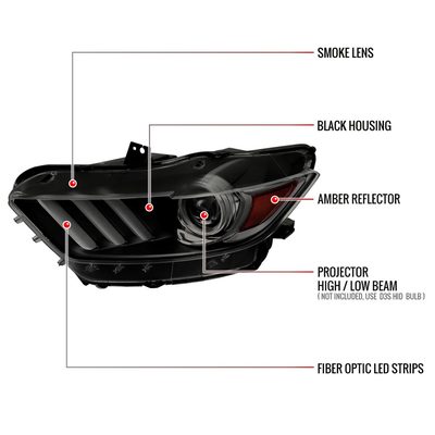 2015-2017 Ford Mustang / 18-2020 Shelby Strip LED Xenon HID Headlights Smoke