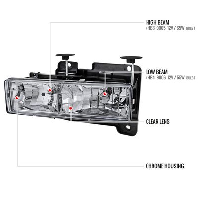 1988-1998 Chevy C/K C10/Tahoe/Sierra/Yukon/Suburban Crystal Headlights Chrome