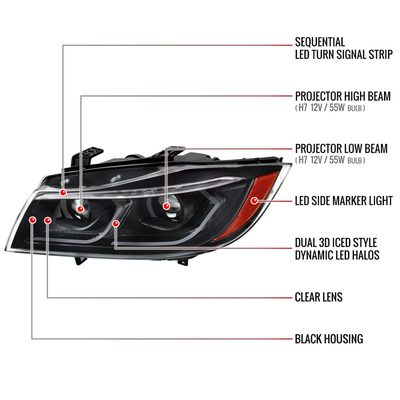 2006-2011 BMW E90 3 Series Sedan 3D Iced LED Dual Projector Headlights Black