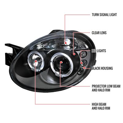 2003-2005 Dodge Neon Dual Halo Projector Headlights Matte Black/Clear Lens
