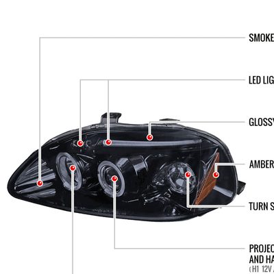 1996-1998 Honda Civic Dual Halo Projector Headlights Glossy Black/Smoke Lens