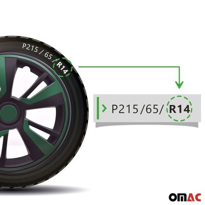 Twintone Hub Caps Wheel Cover 14" Black Matt & Green Insert Full Set 4 pcs.