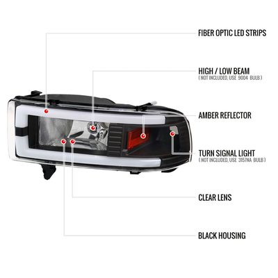 1994-2001 Dodge RAM 1500/2500/3500 Dual LED Bar Factory Headlights Black Amber