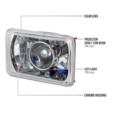 Universal 4"x6" H4 Projector Headlights Chrome Housing/Glass Lens
