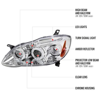 2003-2008 Toyota Corolla Dual Halo Projector Headlights Chrome/Clear Lens