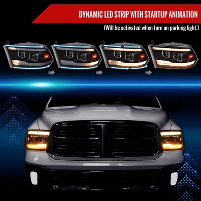 For Dodge RAM 1500 2009-18 / RAM Classic 2019-21 / 2500 3500 2010-18 Amber LED Bar Switchback Projector Headlights Matte Black Housing Clear Lens
