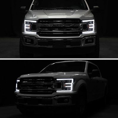 For Ford F-150 2018-2020 LED C Bar Projector Headlights Glossy Black Housing Clear Lens