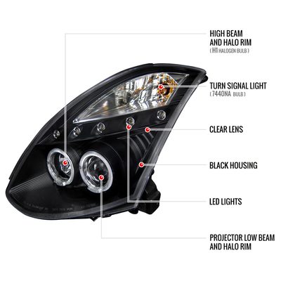 2003-2007 Infiniti G35 Coupe Dual Halo Projector Headlights Matte Black/Clear
